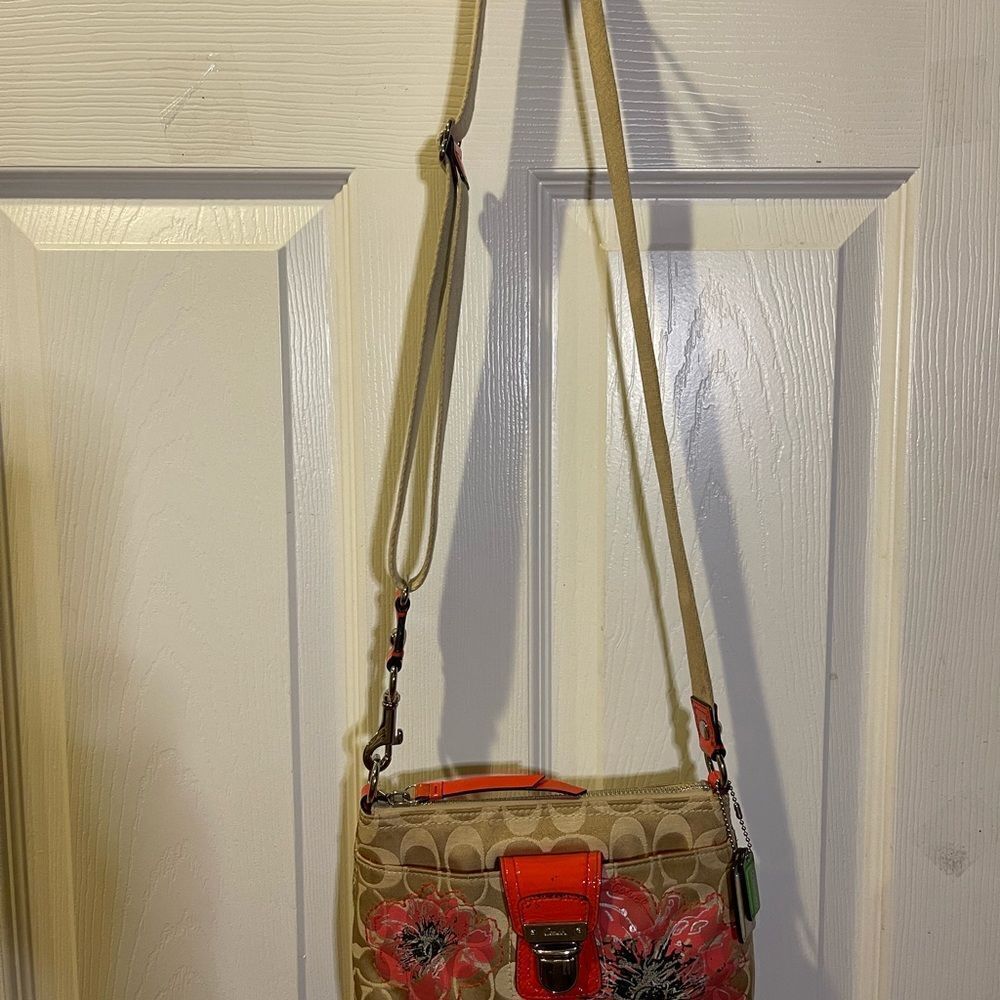 Coach poppy small canvas khaki logo crossbody bag sequins,black & Orange accents - Picture 2 of 15